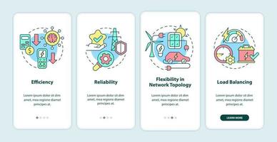 Smart grid features onboarding mobile app screen. System integration walkthrough 4 steps graphic instructions pages with linear concepts. UI, UX, GUI template. Myriad Pro-Bold, Regular fonts used vector