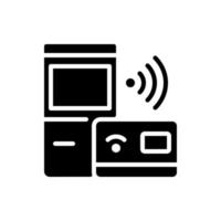 Self checkout kiosk black glyph icon. ATM stand. Smart terminal service. Internet of Things. Smart appliance tech. Silhouette symbol on white space. Solid pictogram. Vector isolated illustration