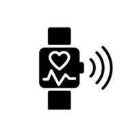 Heart rate monitoring black glyph icon. Pulse control on smart watch app. Internet of Things. Smart appliance tech. Silhouette symbol on white space. Solid pictogram. Vector isolated illustration