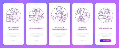Employee satisfaction purple gradient onboarding mobile app screen. Walkthrough 5 steps graphic instructions pages with linear concepts. UI, UX, GUI template. Myriad Pro-Bold, Regular fonts used vector
