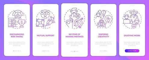 Employee satisfaction purple gradient onboarding mobile app screen. Walkthrough 5 steps graphic instructions pages with linear concepts. UI, UX, GUI template. Myriad Pro-Bold, Regular fonts used vector