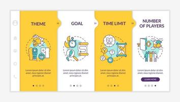 Escape rooms components yellow onboarding template. Numbers of players and goal. Responsive mobile website with linear concept icons. Web page walkthrough 4 step screens. Lato-Bold, Regular fonts used vector