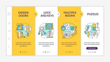 Escape room aspects yellow onboarding template. Ancient keys and puzzles. Responsive mobile website with linear concept icons. Web page walkthrough 4 step screens. Lato-Bold, Regular fonts used vector