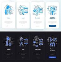 Pantalla de la aplicación móvil incorporada en el modo día y noche de los componentes de las salas de escape. tutorial 4 pasos páginas de instrucciones gráficas con conceptos lineales. interfaz de usuario, ux, plantilla de interfaz gráfica de usuario. innumerables fuentes pro-negrita y regulares utilizadas vector