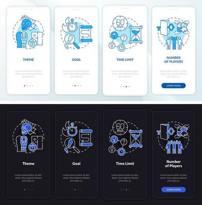Escape rooms components night and day mode onboarding mobile app screen. Walkthrough 4 steps graphic instructions pages with linear concepts. UI, UX, GUI template. Myriad Pro-Bold, Regular fonts used