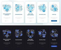 Escape room action plan night and day mode onboarding mobile app screen. Walkthrough 5 steps graphic instructions pages with linear concepts. UI, UX, GUI template. Myriad Pro-Bold, Regular fonts used vector