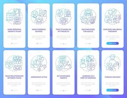 Employee motivation blue gradient onboarding mobile app screen set. Walkthrough 5 steps graphic instructions pages with linear concepts. UI, UX, GUI template. Myriad Pro-Bold, Regular fonts used vector