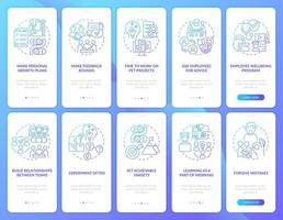 Employee motivation blue gradient onboarding mobile app screen set. Walkthrough 5 steps graphic instructions pages with linear concepts. UI, UX, GUI template. Myriad Pro-Bold, Regular fonts used vector