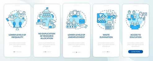 Centrally planned ES advantages blue onboarding mobile app screen. Walkthrough 5 steps graphic instructions pages with linear concepts. UI, UX, GUI template. Myriad Pro-Bold, Regular fonts used vector