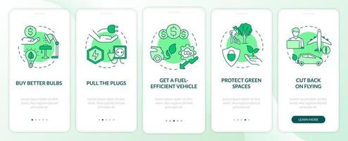 prevención de la contaminación del aire pantalla de aplicación móvil de incorporación verde. tutorial 5 pasos páginas de instrucciones gráficas con conceptos lineales. interfaz de usuario, ux, plantilla de interfaz gráfica de usuario. innumerables fuentes pro-negrita y regulares utilizadas vector