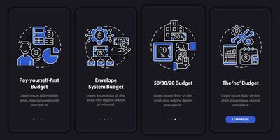 Budget approaches night mode onboarding mobile app screen. Financial plan walkthrough 4 steps graphic instructions pages with linear concepts. UI, UX, GUI template. Myriad Pro-Bold, Regular fonts used vector