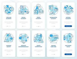 Economic systems blue onboarding mobile app screen set. Market economy walkthrough 5 steps graphic instructions pages with linear concepts. UI, UX, GUI template. Myriad Pro-Bold, Regular fonts used vector