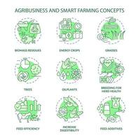 conjunto de iconos de concepto verde de agronegocios y agricultura inteligente. gafas y plantas de aceite idean ilustraciones en color de línea delgada. dibujos de contorno aislados. trazo editable. roboto-medium, innumerables fuentes pro-bold utilizadas vector