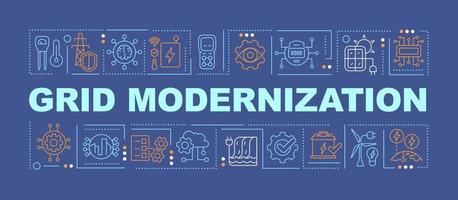 Grid modernization word concepts blue banner. Power system. Infographics with linear icons on background. Isolated typography. Vector color illustration with text. Arial-Black font used