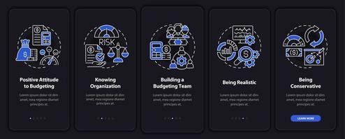 Budgeting night mode onboarding mobile app screen. Financial plan walkthrough 5 steps graphic instructions pages with linear concepts. UI, UX, GUI template. Myriad Pro-Bold, Regular fonts used vector