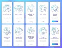 Export, import business blue gradient onboarding mobile app screen set. Walkthrough 5 steps graphic instructions pages with linear concepts. UI, UX, GUI template. Myriad Pro-Bold, Regular fonts used vector