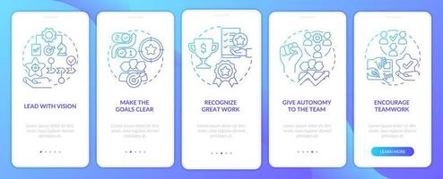 Boosting worker motivation blue gradient onboarding mobile app screen. Walkthrough 5 steps graphic instructions pages with linear concepts. UI, UX, GUI template. Myriad Pro-Bold, Regular fonts used vector