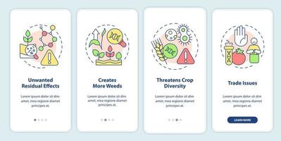 Disadvantages of gmo onboarding mobile app screen. Food issues walkthrough 4 steps graphic instructions pages with linear concepts. UI, UX, GUI template. Myriad Pro-Bold, Regular fonts used vector