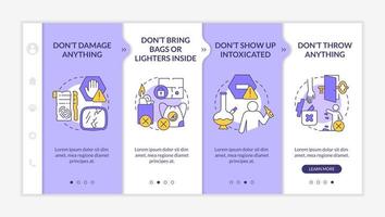 Escape room regulations purple and white onboarding template. Property damage. Responsive mobile website with linear concept icons. Web page walkthrough 4 step screens. Lato-Bold, Regular fonts used vector