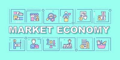 Market economy word concepts blue banner. Demand and supply factors. Infographics with icons on color background. Isolated typography. Vector illustration with text. Arial-Black font used