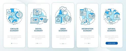 modelos de economía pantalla de aplicación móvil de incorporación azul. tutorial de estrategia de marketing páginas de instrucciones gráficas de 5 pasos con conceptos lineales. interfaz de usuario, ux, plantilla de interfaz gráfica de usuario. innumerables fuentes pro-negrita y regulares utilizadas vector