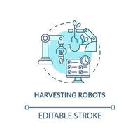 Harvesting robots turquoise concept icon. Plucking crops automation abstract idea thin line illustration. Isolated outline drawing. Editable stroke. Roboto-Medium, Myriad Pro-Bold fonts used vector