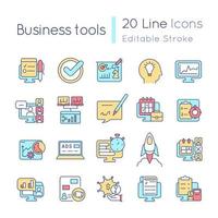 Business tools RGB color icons set. Corporate management. Strategic decision making. Isolated vector illustrations. Simple filled line drawings collection. Editable stroke. Quicksand-Light font used