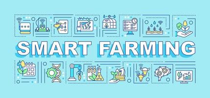 Smart farming word concepts turquoise banner. IoT devices usage. Infographics with linear icons on background. Isolated typography. Vector color illustration with text. Arial-Black font used