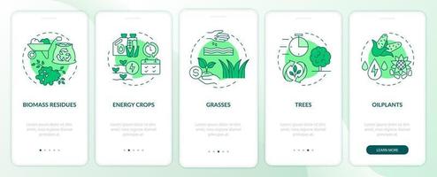 Biomass energy production green onboarding mobile app screen. Residues walkthrough 5 steps graphic instructions pages with linear concepts. UI, UX, GUI template. Myriad Pro-Bold, Regular fonts used vector