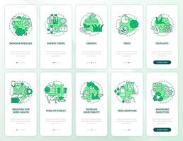 Modern agribusiness green onboarding mobile app screen set. Walkthrough 5 steps graphic instructions pages with linear concepts. UI, UX, GUI template. Myriad Pro-Bold, Regular fonts used vector