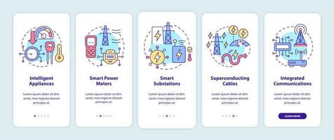 Smart grid components onboarding mobile app screen. Power system walkthrough 5 steps graphic instructions pages with linear concepts. UI, UX, GUI template. Myriad Pro-Bold, Regular fonts used vector