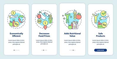 Advantages of gmo onboarding mobile app screen. Food issues walkthrough 4 steps graphic instructions pages with linear concepts. UI, UX, GUI template. Myriad Pro-Bold, Regular fonts used vector