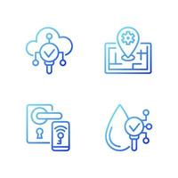 IoT technologies gradient linear vector icons set. Remote lock access. Internet of Things. Smart gadget. Thin line contour symbol designs bundle. Isolated outline illustrations collection