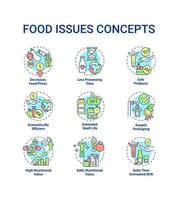 Food issues concept icons set. Preserve products. Shelf time. Processing technology idea thin line color illustrations. Isolated symbols. Editable stroke. Roboto-Medium, Myriad Pro-Bold fonts used vector