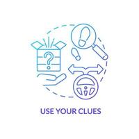 Use clues blue gradient concept icon. Escape room winning approach abstract idea thin line illustration. Ask for hints. Decoding secret codes. Isolated outline drawing. Myriad Pro-Bold font used vector