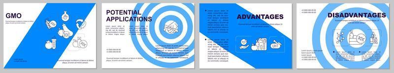 GMO blue brochure template. Genetically modified organism. Leaflet design with linear icons. 4 vector layouts for presentation, annual reports. Arial-Black, Myriad Pro-Regular fonts used