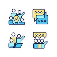 conjunto de iconos de color rgb perfectos de píxeles de tareas de grupo. compartiendo opiniones. comunicación para el proceso colaborativo. ilustraciones vectoriales aisladas. colección de dibujos de líneas llenas simples. trazo editable vector