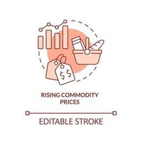 Rising commodity prices red concept icon. Primary product. Market economy cons abstract idea thin line illustration. Isolated outline drawing. Editable stroke. Arial, Myriad Pro-Bold fonts used vector