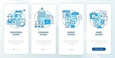 Economic system types blue onboarding mobile app screen. Selling, buying walkthrough 4 steps graphic instructions pages with linear concepts. UI, UX, GUI template. Myriad Pro-Bold, Regular fonts used vector