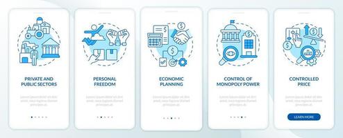 Mixed economy features blue onboarding mobile app screen. State, business walkthrough 5 steps graphic instructions pages with linear concepts. UI, UX, GUI template. Myriad Pro-Bold, Regular fonts used vector