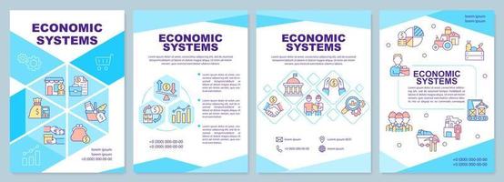 Economic system guideline blue brochure template. Commerce, marketing. Leaflet design with linear icons. 4 vector layouts for presentation, annual reports. Arial-Black, Myriad Pro-Regular fonts used