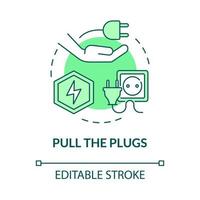 Pull plugs green concept icon. Save energy. Climate changes prevention abstract idea thin line illustration. Isolated outline drawing. Editable stroke. Roboto-Medium, Myriad Pro-Bold fonts used vector