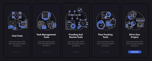 pantalla de aplicación móvil de incorporación de modo nocturno de herramientas comerciales esenciales. tutorial 5 pasos páginas de instrucciones gráficas con conceptos lineales. interfaz de usuario, ux, plantilla de interfaz gráfica de usuario. innumerables fuentes pro-negrita y regulares utilizadas vector