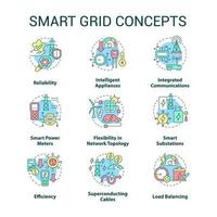 conjunto de iconos de concepto de red inteligente. ingeniería contemporánea. ilustraciones de color de línea delgada de idea de sistema de energía inteligente. dibujos de contorno aislados. roboto-medium, innumerables fuentes pro-bold utilizadas vector