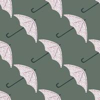 Diagonal season seamless pattern with umbrella silhouettes. Simple fall ornament in grey tones on green background. vector