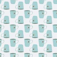 Isolated light blue tea cups doodle seamless pattern. White background. Simple kitchen style artwork. vector