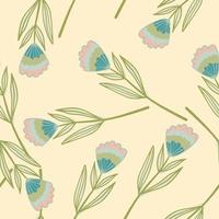 Outline flower elements seamless pattern. Stylized random botanic contoured ornament in green and blue pastel tones on light background. vector