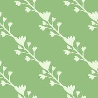 Minimalistic branches with flowers seamless pattern in pastel tones. Green background and light botanic elements. vector