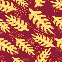 Random abstract botanic seamless pattern with light yellow leaf branches print. Dark pink background with splashes. vector