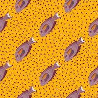 Pale purple hand drawn surgeon fish ornament seamless pattern. Yellow dotted background. vector